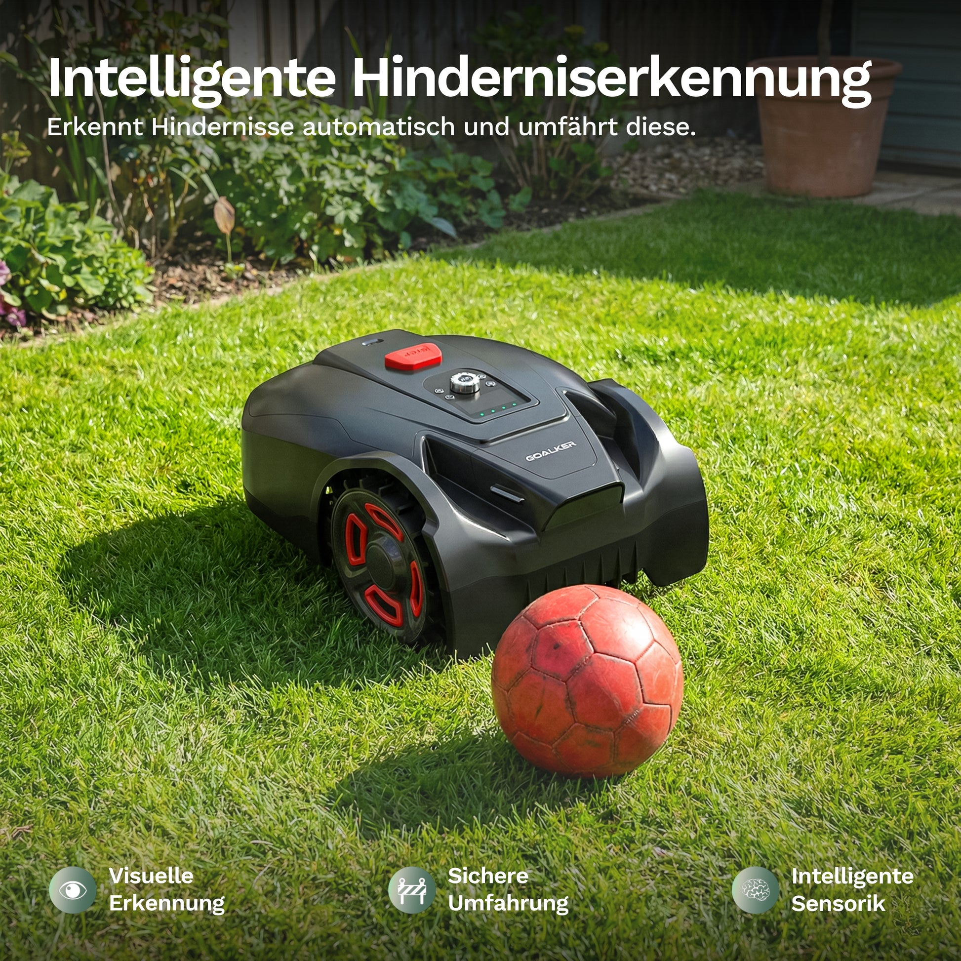 Goalker H3 Mähroboter mit Sensor- und Bedienfeld oben, nahe einem Ball