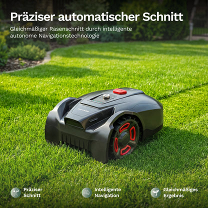 Goalker H3 Mähroboter auf Rasen, Frontansicht mit roten Antriebsrädern