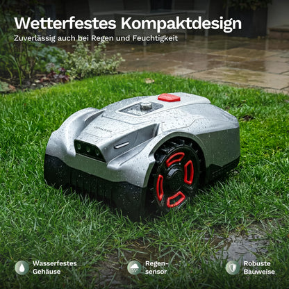 Goalker H5 Mähroboter mit Wasserperlen am silbernen Gehäuse und roter Taste
