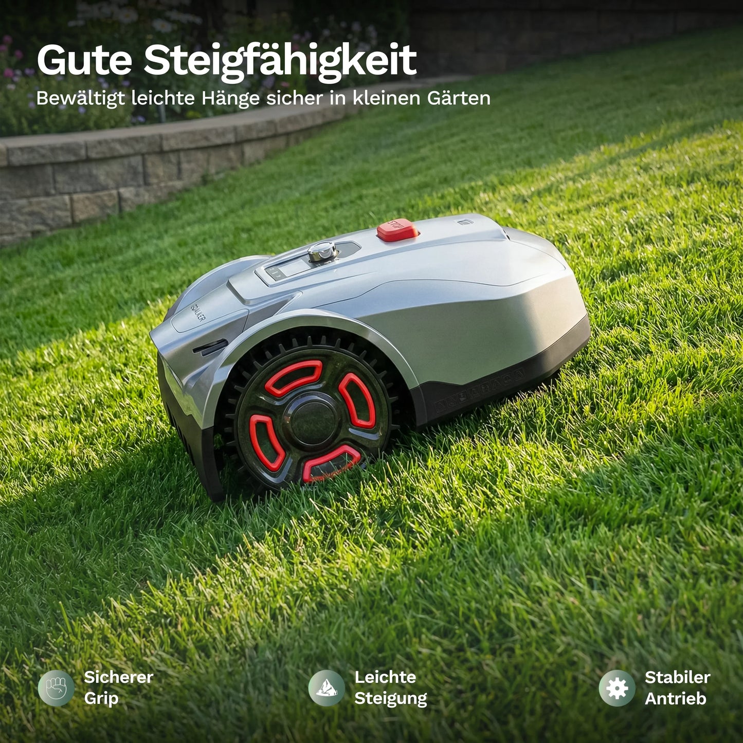 Goalker H5 Mähroboter mit Profilrädern, silbernem Gehäuse und rotem Stopptaster