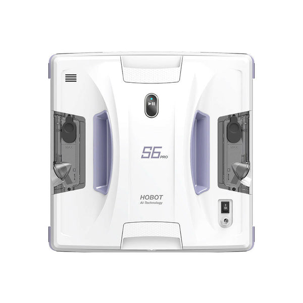 Hobot S6 Pro Fensterputzroboter, Vorderansicht mit blauen Antriebsseiten und Logo 56 Pro