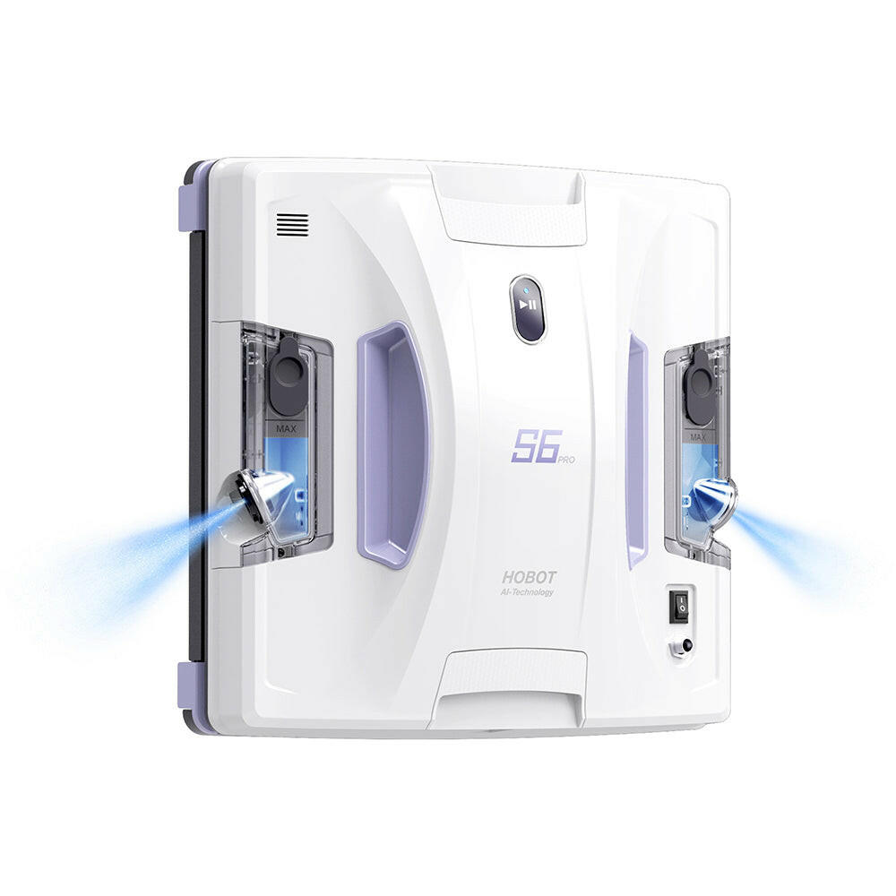 Hobot S6 Pro Fensterputzroboter an der Seite mit geöffneten Reinigungsmodulen und blauen Flüssigkeitskanälen