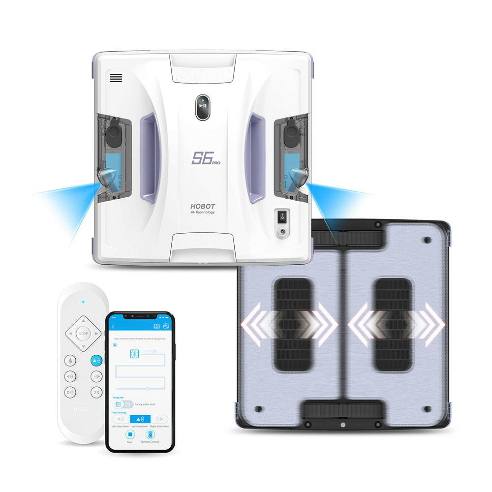 Hobot S6 Pro Fensterputzroboter im geöffneten Modus, mit abnehmbaren Reinigungspads und Fernbedienung