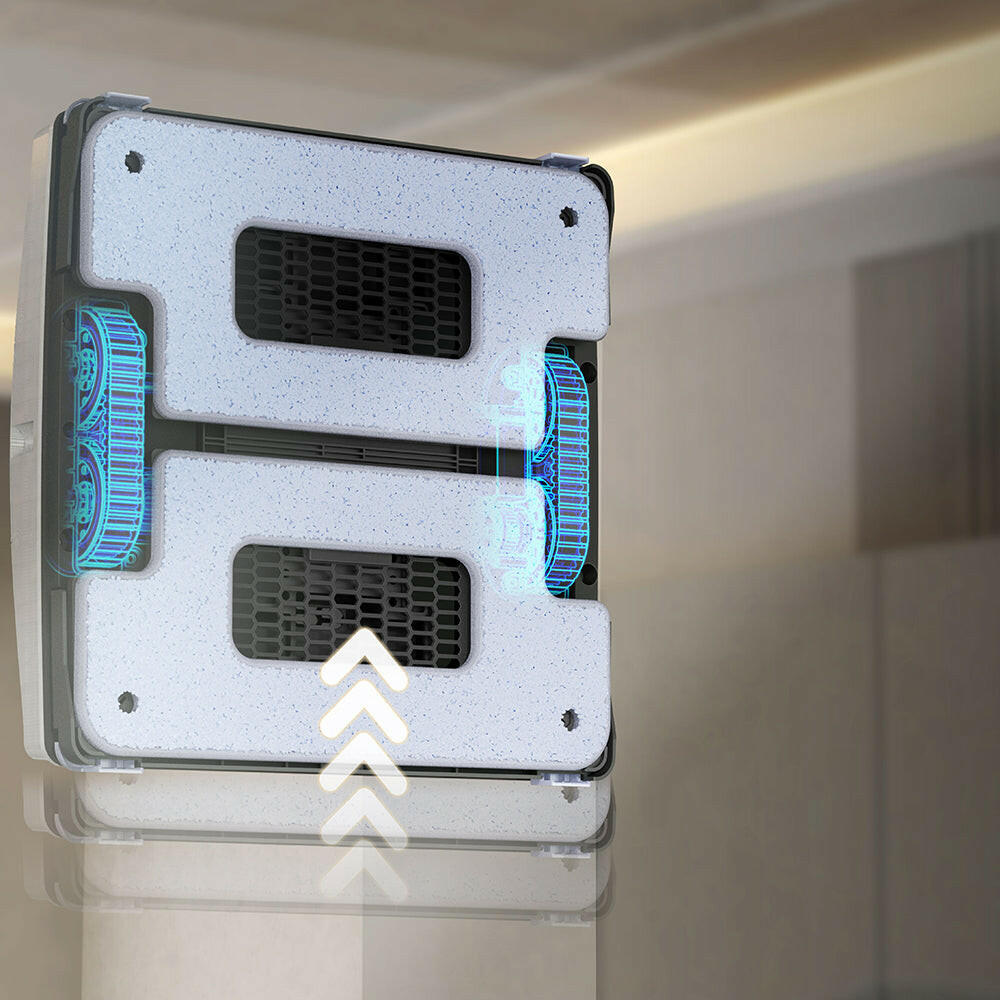 Hobot S6 Pro Fensterputzroboter-Unterseite mit zwei blauen Aktivbürsten über einer Glasfläche