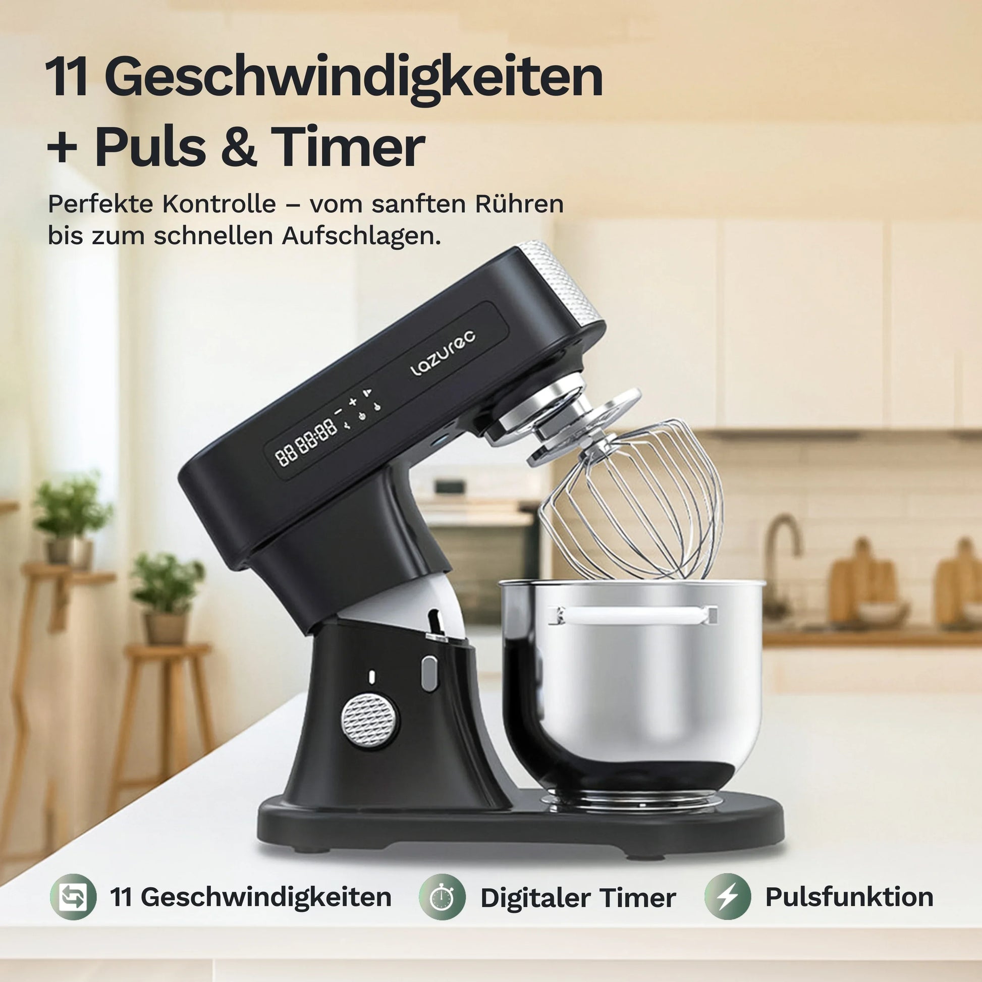 Bakara Mix One Küchenmaschine mit Rührbesen über der Edelstahlschüssel