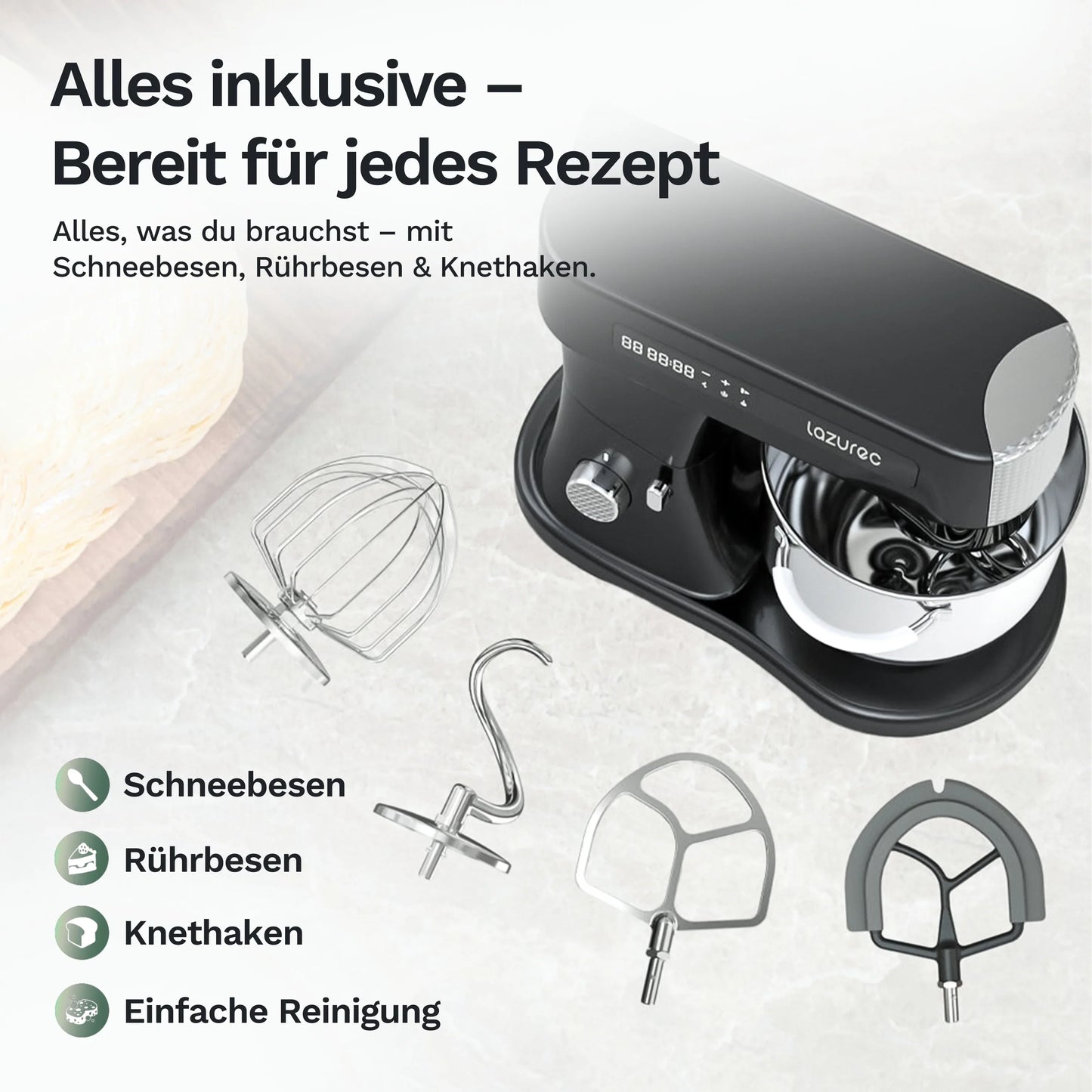 Bakara Mix One Zubehörteile: Schneebesen, Rührbesen, Knethaken und Schüsselaufsatz