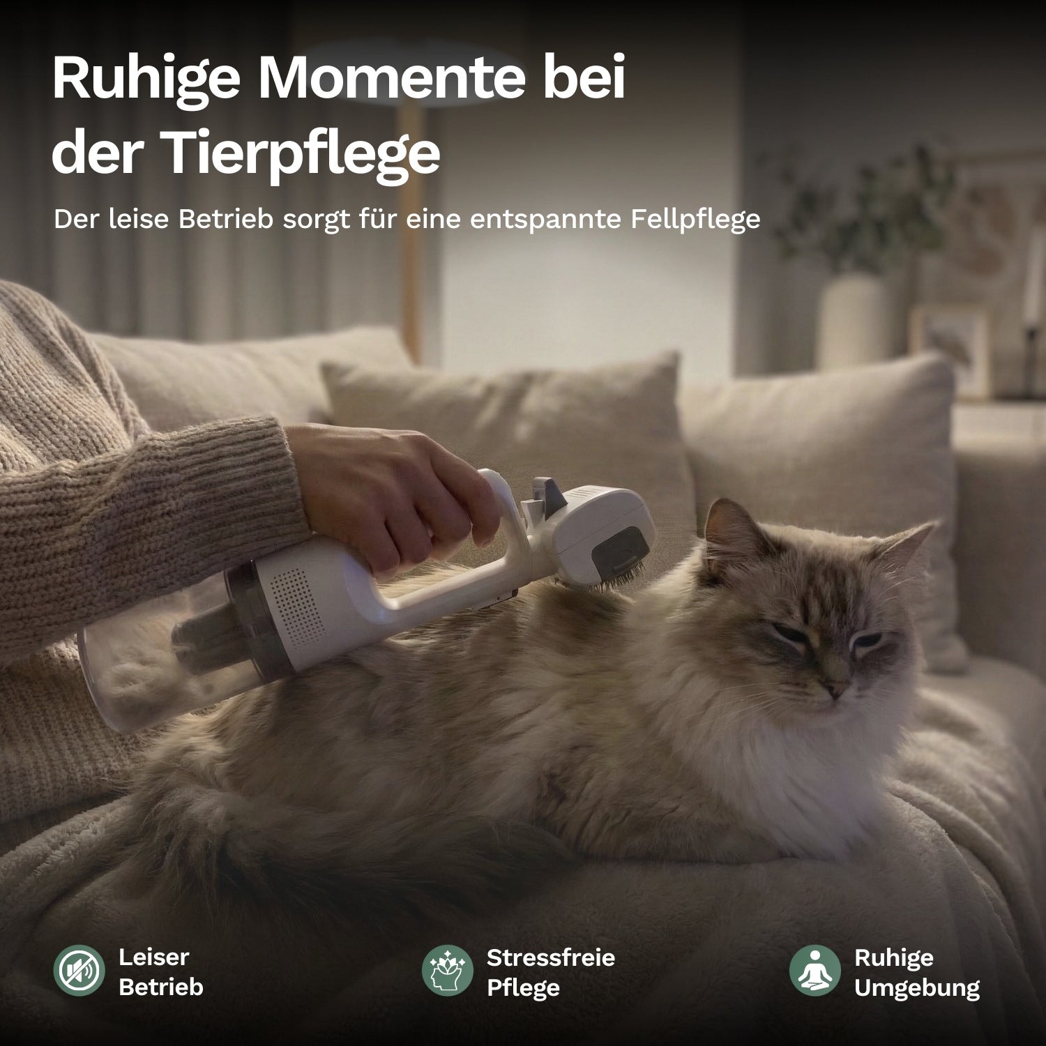 Leiser Handstaubsauger für Tierfell, weiß, mit Bürstenkopf über dem Tier