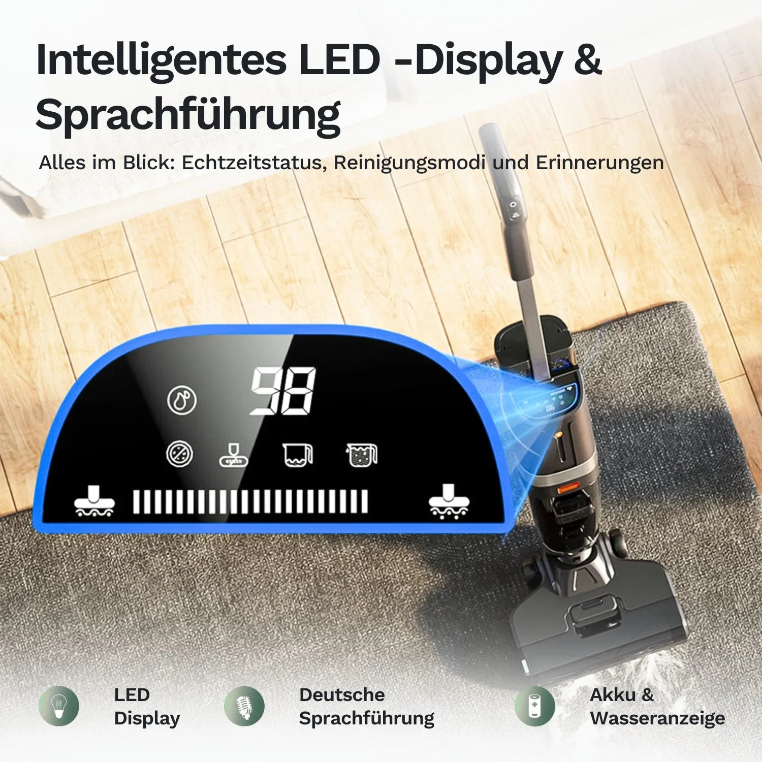 Kabelloser Nass-Trocken-Sauger mit großem LED-Display und Bedientasten