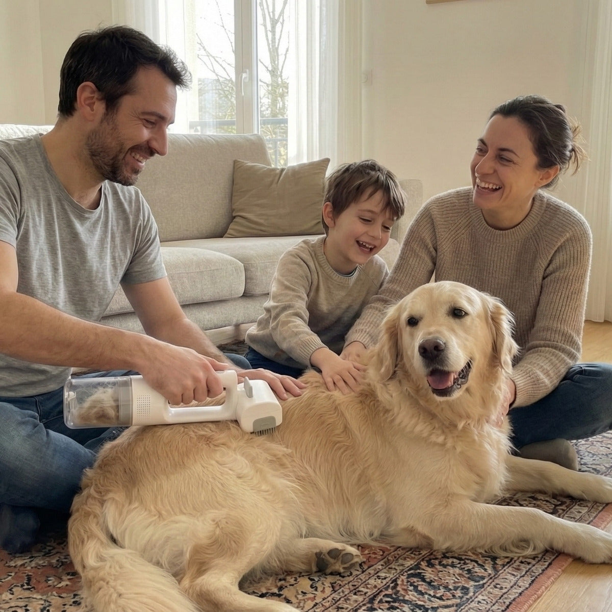 Familie sitzt im Wohnzimmer und entfernt Tierhaare von einem Golden Retriever mit einem kabellosen Handstaubsauger, während sie gemeinsam lachen.