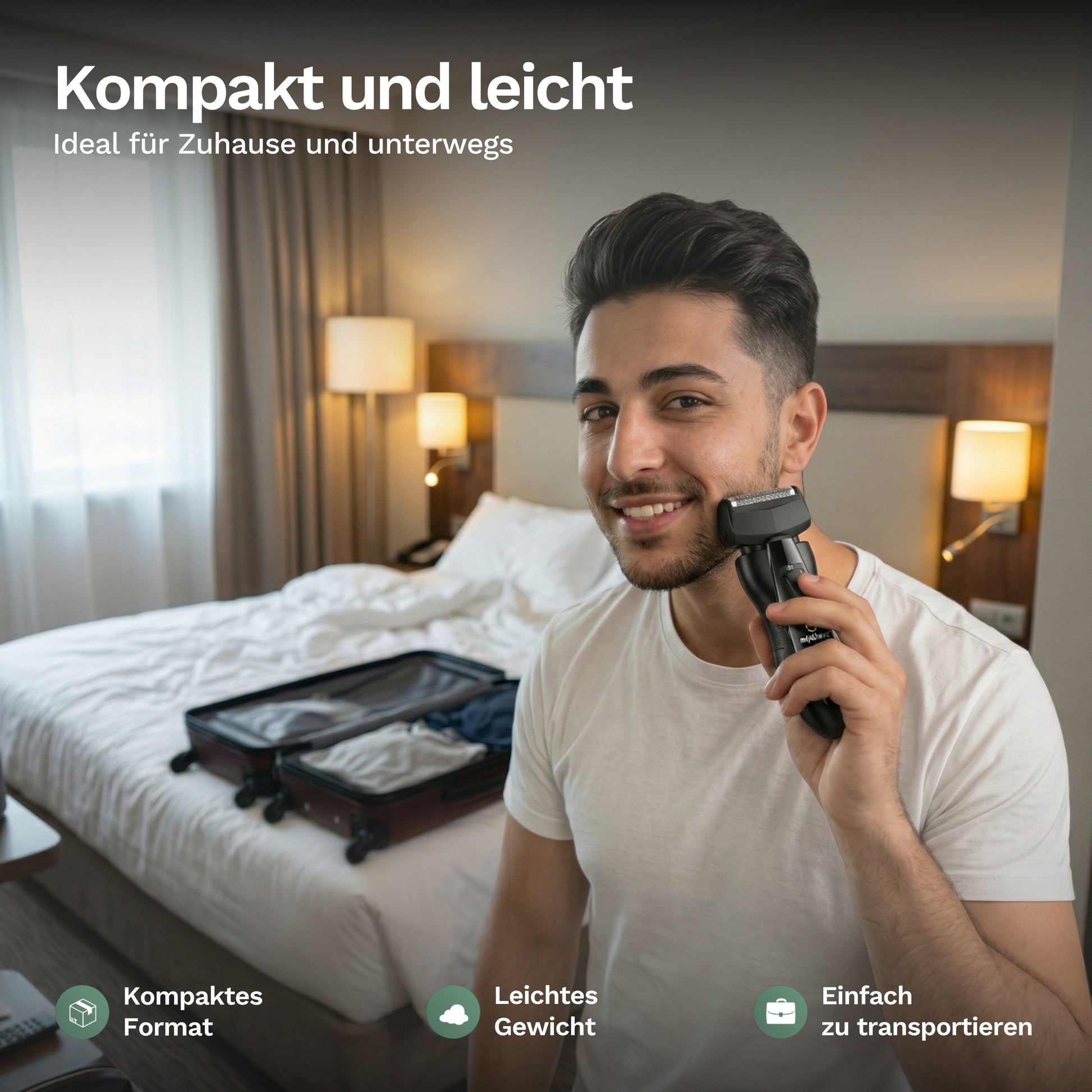 Elektrorasierer in kompakter Form am Kinn, schwarzer Scherkopf
