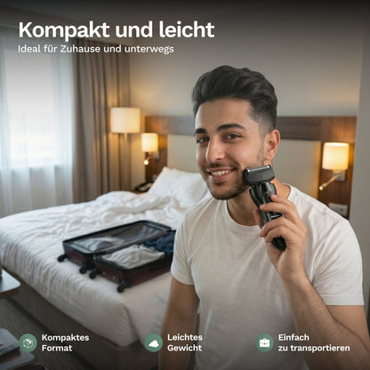 Elektrorasierer in kompakter Form am Kinn, schwarzer Scherkopf