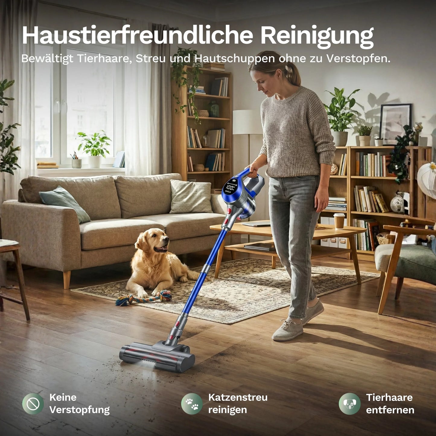 Akku-Staubsauger mit Bodendüse am Boden, blauer Griff im Wohnbereich