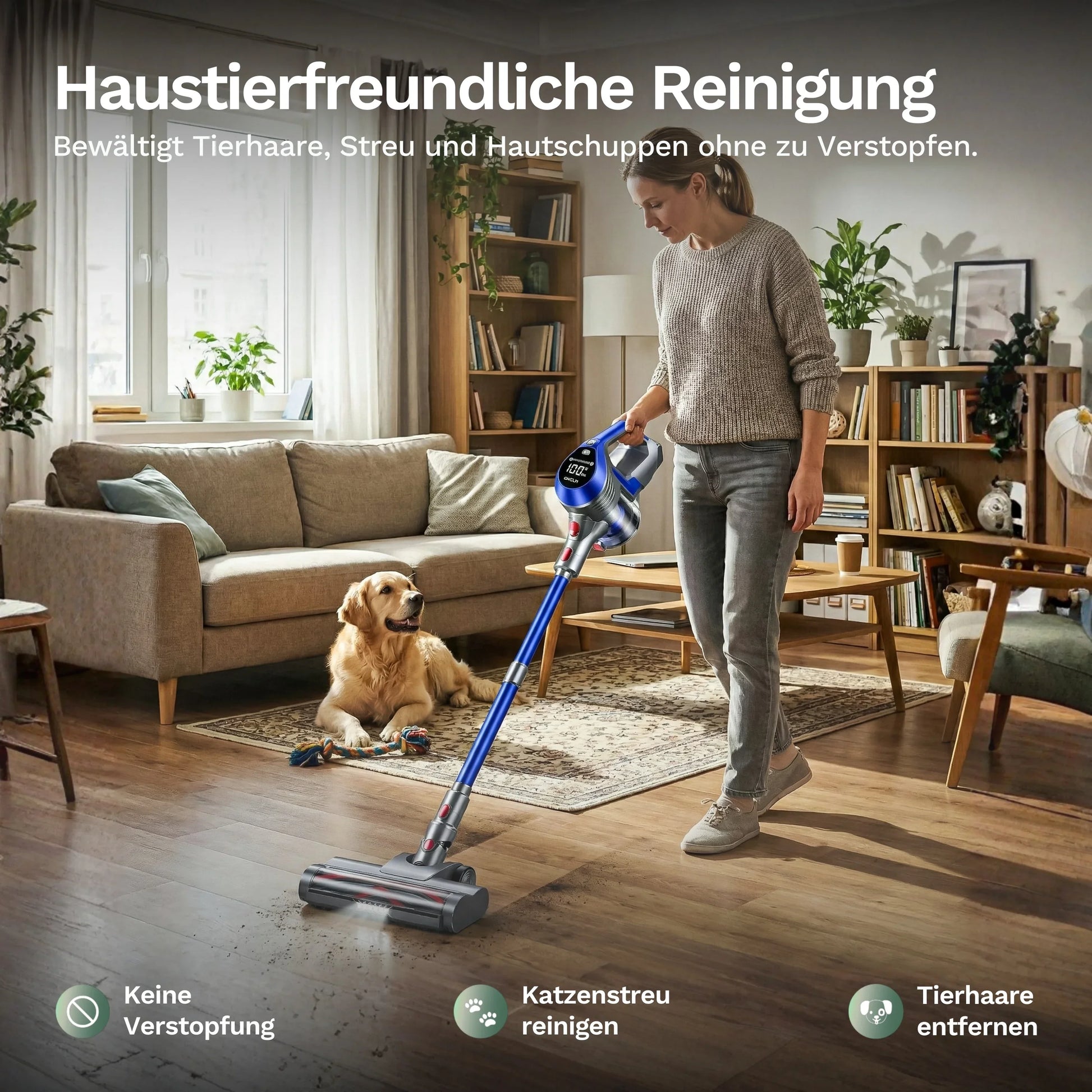 Akku-Staubsauger mit Bodendüse am Boden, blauer Griff im Wohnbereich