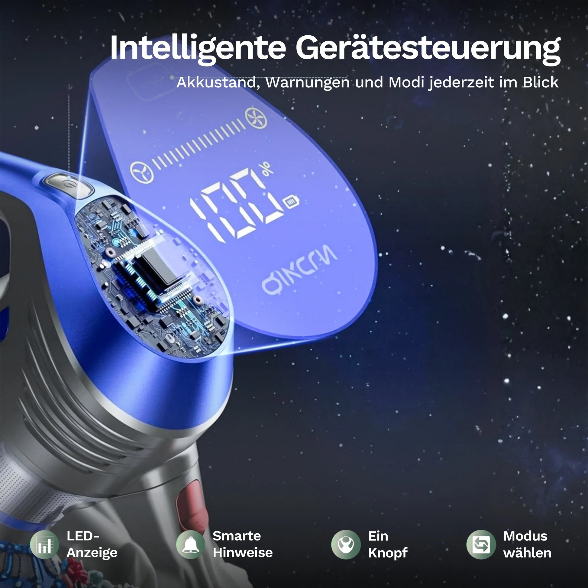 Akku-Staubsauger mit blauem Bedienfeld/Display und Steuermodul