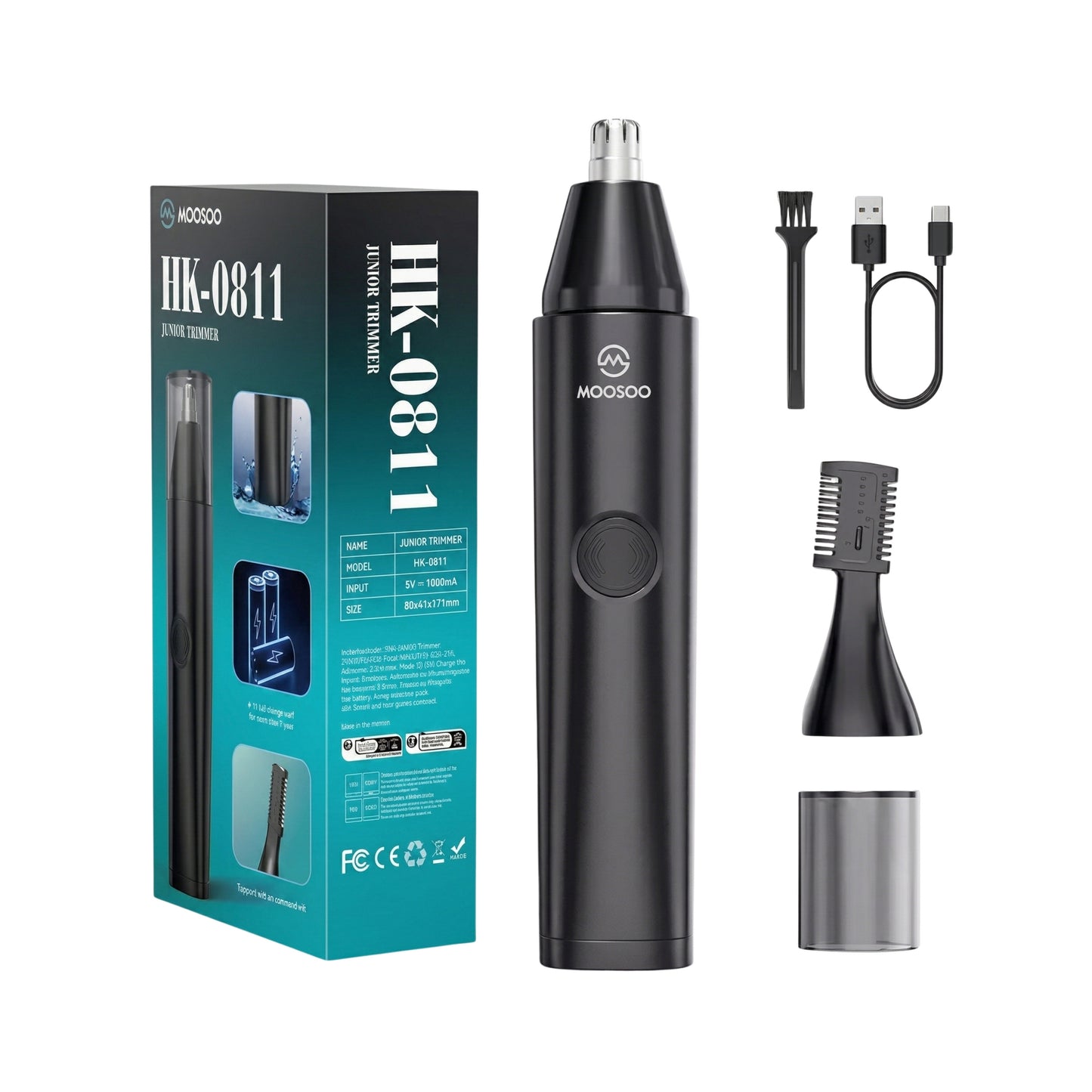 Moosoo Nasenhaartrimmer HK-0811 mit Zubehör: USB-Kabel, Reinigungspinsel und Aufsätzen