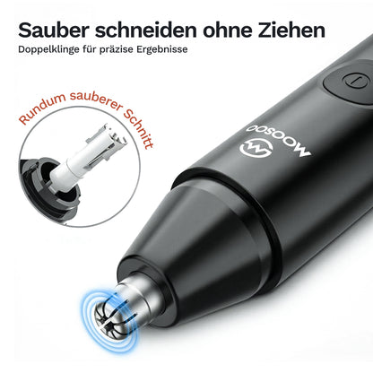 Nasen-/Ohrtrimmer mit Metall-Schneidkopf und abgerundetem Gehäuse, schwarzer Griff