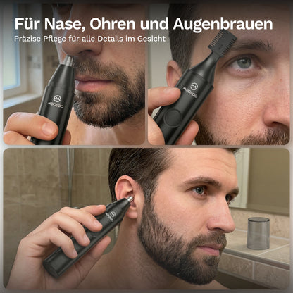 Nasenhaartrimmer im Einsatz am Gesicht: Bart, Ohr und Augenbrauen mit Aufsatz