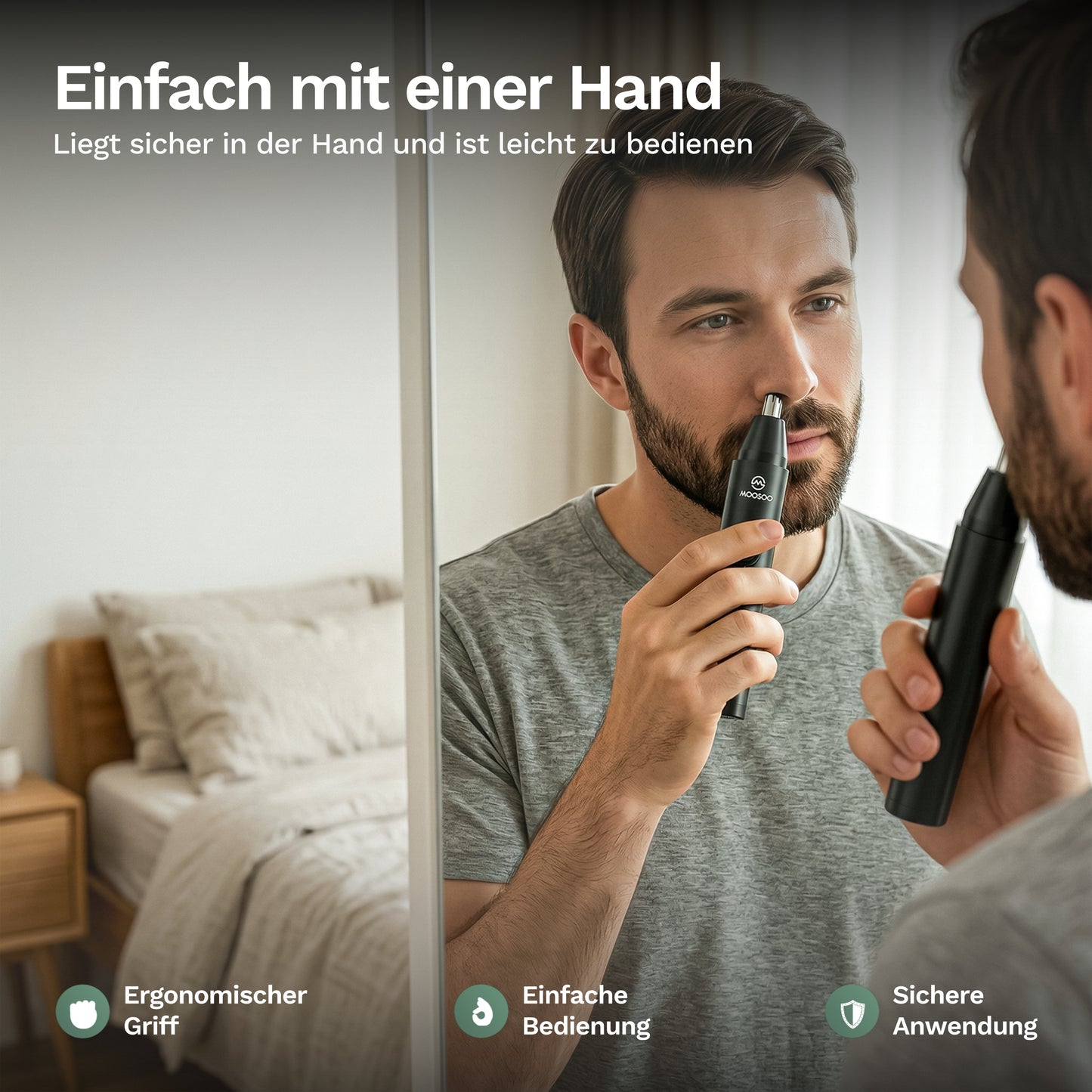 Handlicher Nasenhaartrimmer mit Anti-Rutsch-Griff und Bedientaste am schwarzen Gehäuse