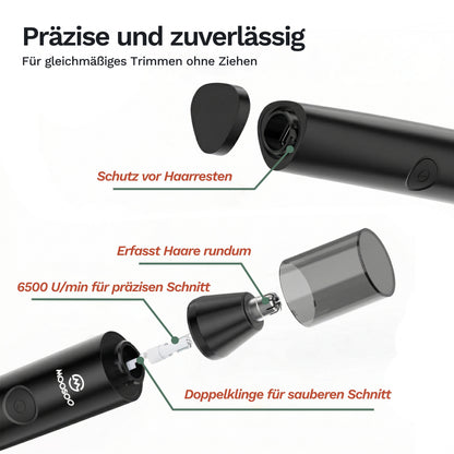 Nasenhaartrimmer mit Schutzkappe und Edelstahl-Schneidwerk im Gehäuse, schwarz