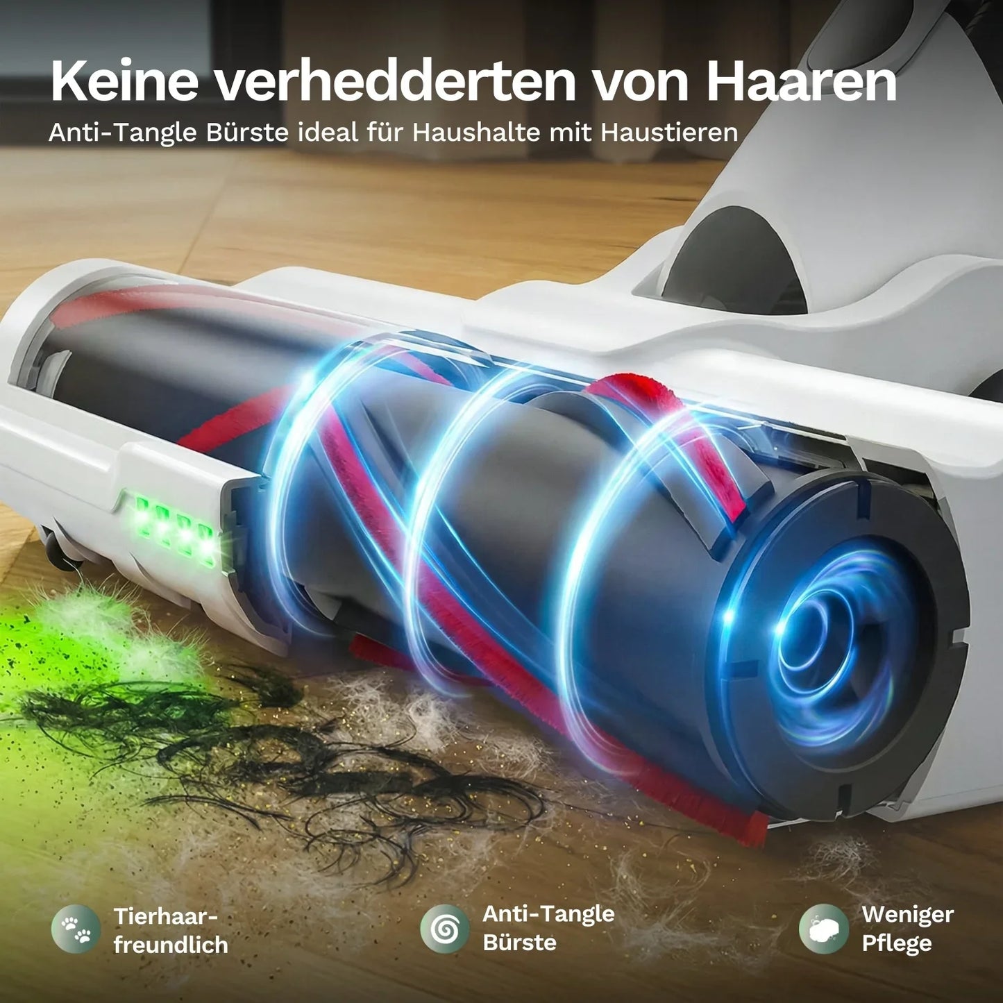 Bodenbürste mit Anti-Verhedderungs-Aufsatz und rot-schwarzer Walze