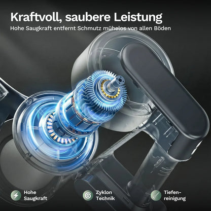 Transparenter Staubbehälter des Akku-Staubsaugers mit rot-schwarz Akzenten