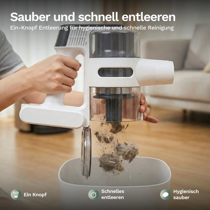 Entleerungsansicht: Akku-Staubsauger mit transparentem Behälter und Schmutz