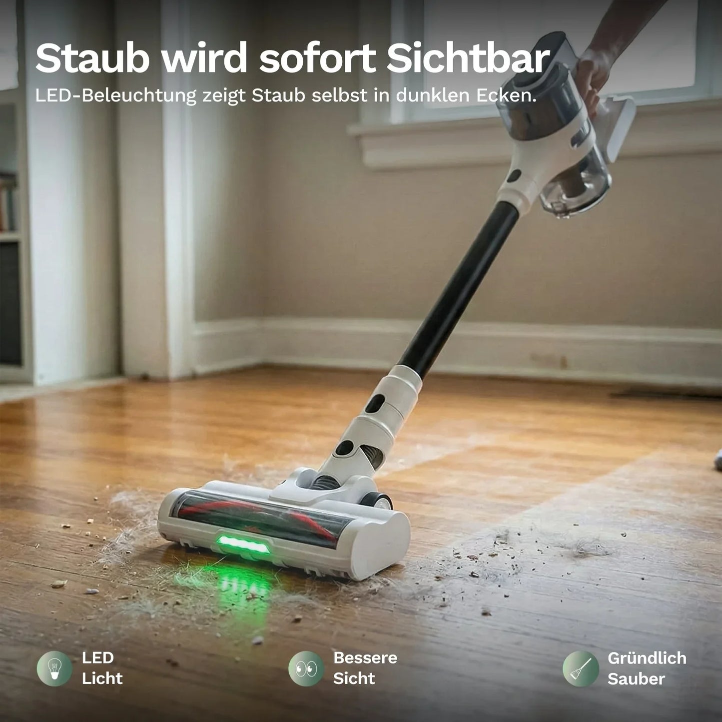 Bodenbürste mit LED-Licht am Staubsaugerkopf, weiß-schwarzes Gehäuse