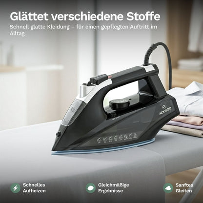 Dampfbügeleisen auf Stoff, Ansicht von der Seite mit Dampföffnung