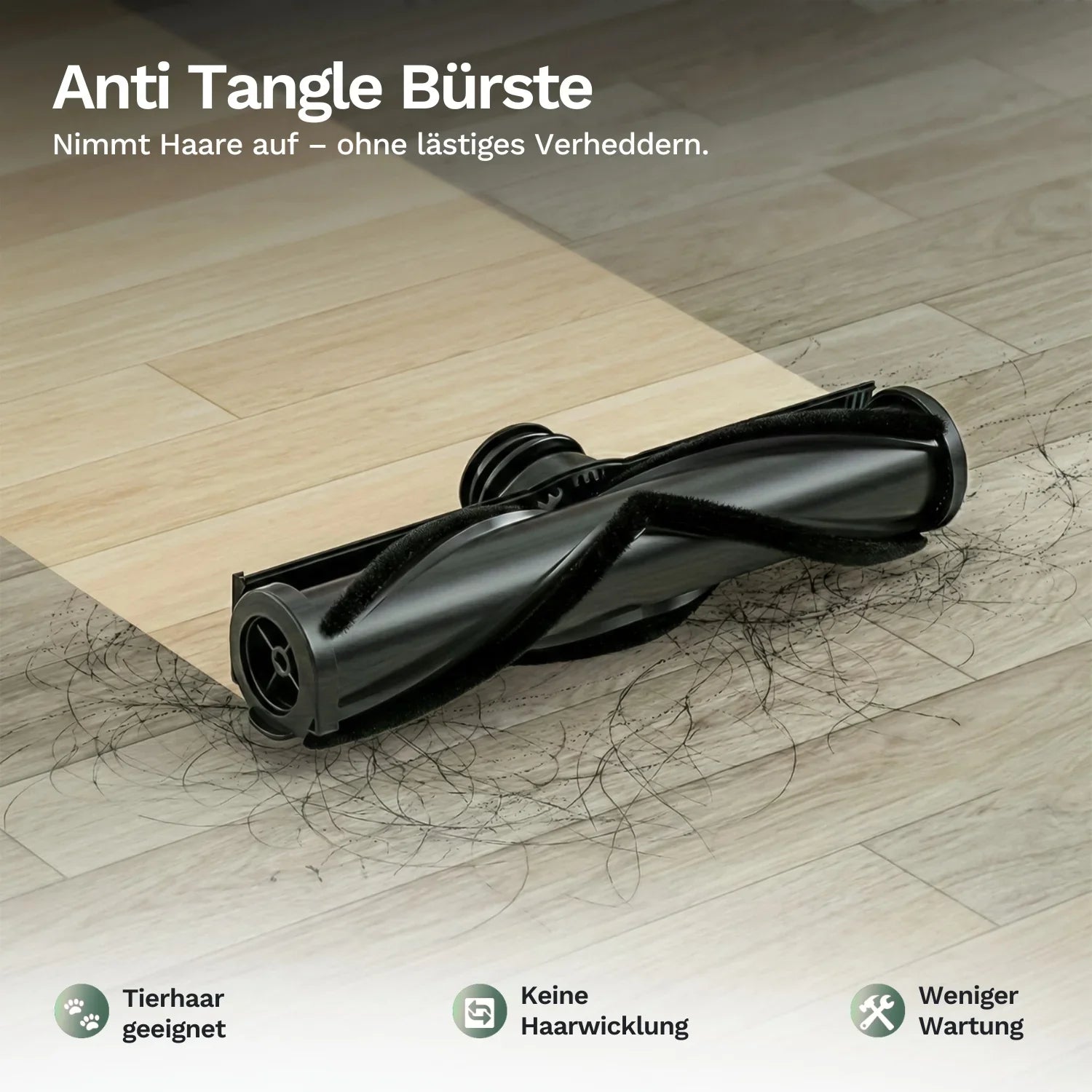 Anti-Tangle-Bürste mit schwarzer Walze am Bodensauger, Haare minimiert