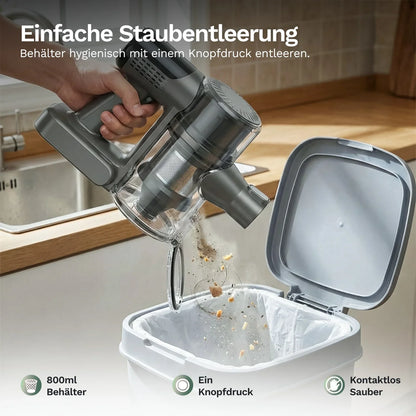 Transparenter Staubbehälter am Akku-Staubsauger, Deckel geöffnet