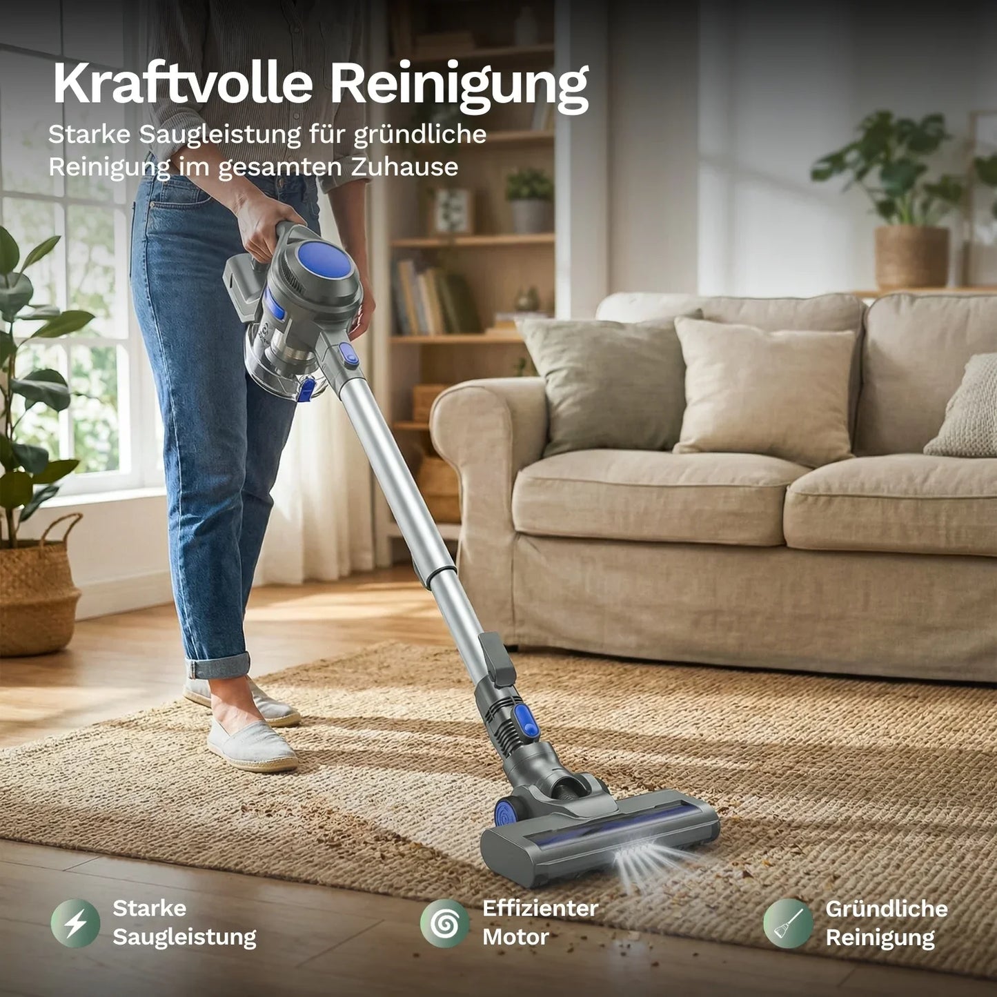 Akku-Staubsauger XL-618A auf Teppich mit Bodendüse, silberner Stiel und blauen Akzenten