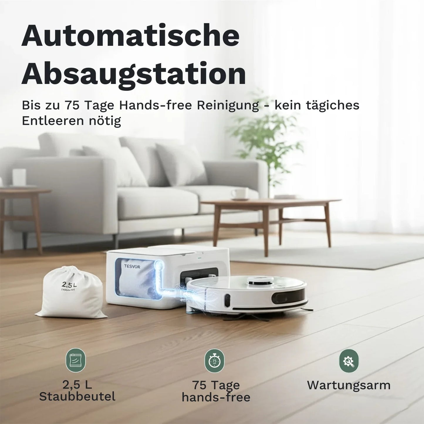 Automatische Absaugstation mit Staubbeutel und Saug- und Wischroboter