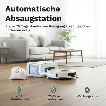 Automatische Absaugstation mit Staubbeutel und Saug- und Wischroboter