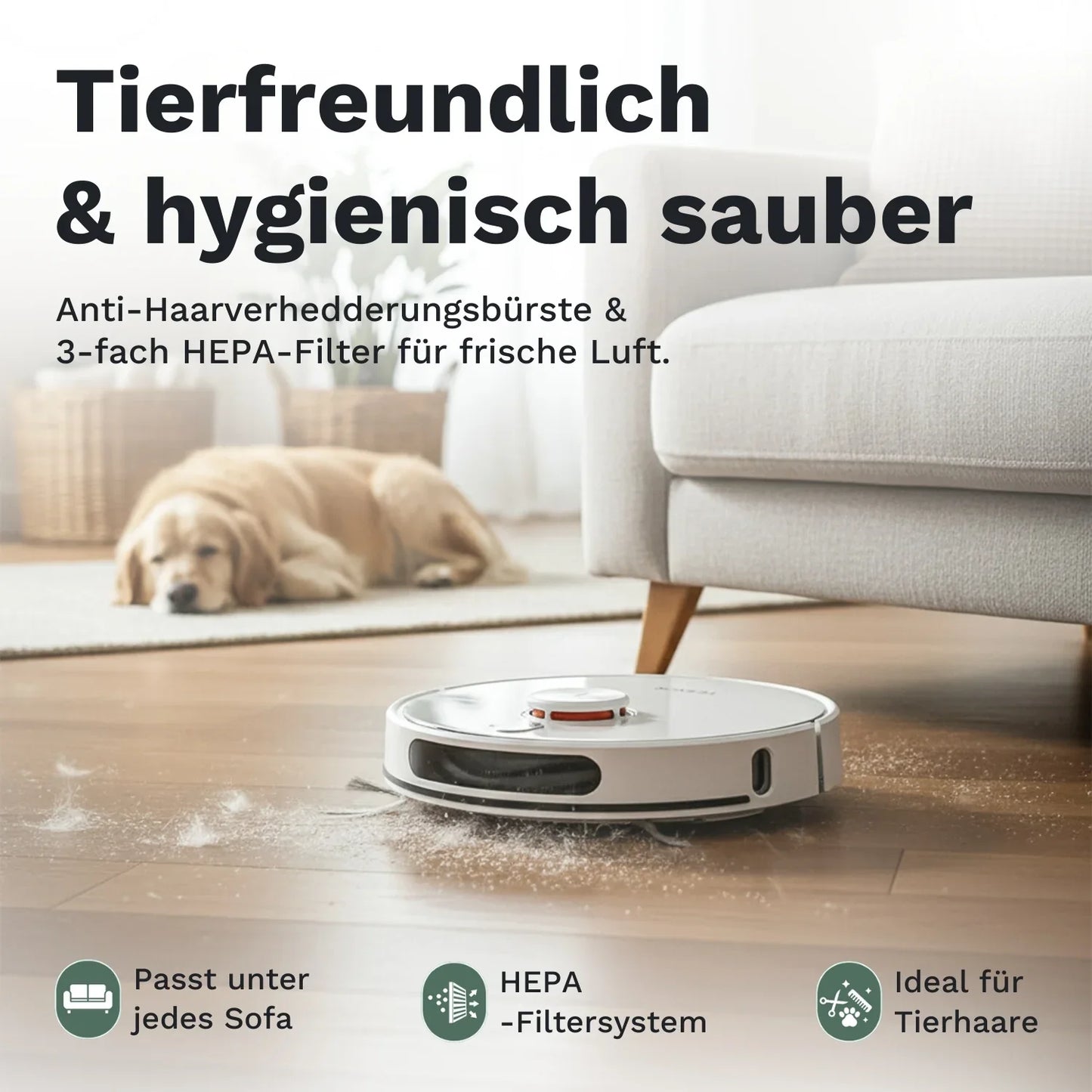 Saug- und Wischroboter mit HEPA-Filterbereich, Nahaufnahme von oben