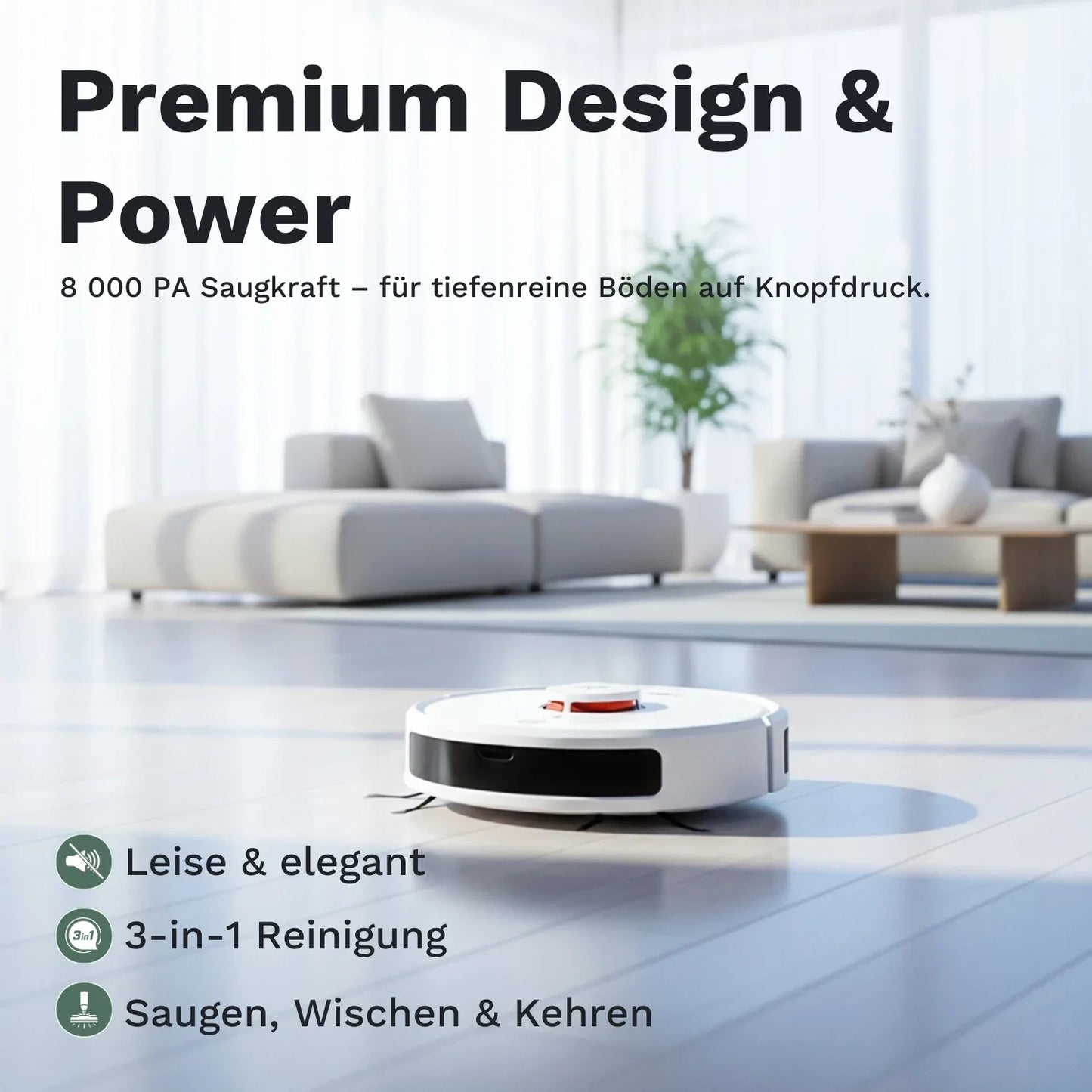 Weißer Saug- und Wischroboter, 3-in-1 Reinigung im Vordergrund