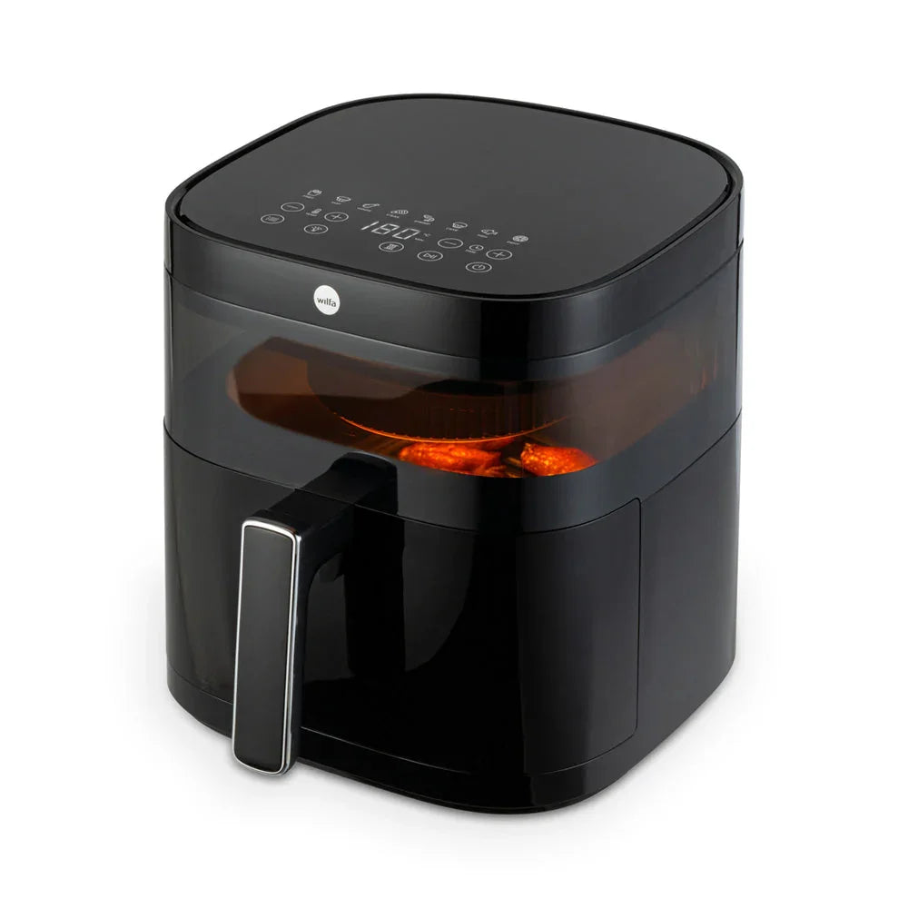 Wilfa Dualfryer Airfryer mit Bedienfeld oben und beleuchtetem Sichtfenster
