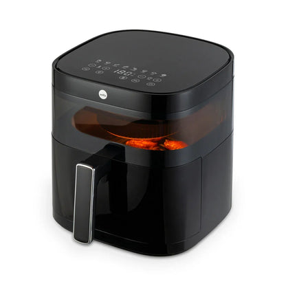 Dualfryer airfryer with top control panel and heating glow through the front window