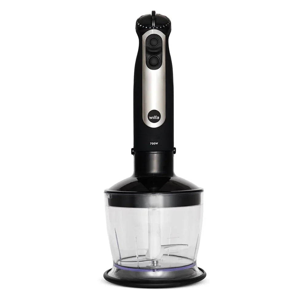Wilfa immersion blender with clear chopper cup, black and silver base