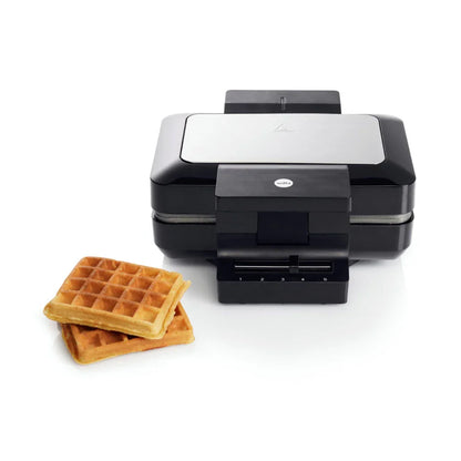 Belgisches Waffeleisen, geschlossen: schwarze Gehäuseteile, silberne Klappe, Kontrollskala