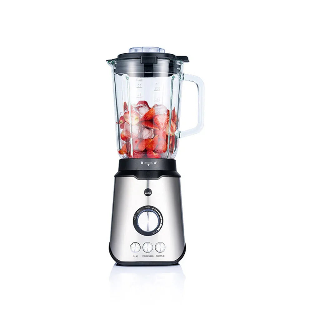 Smooth stand blender jug with red fruit and ice, black base and lid