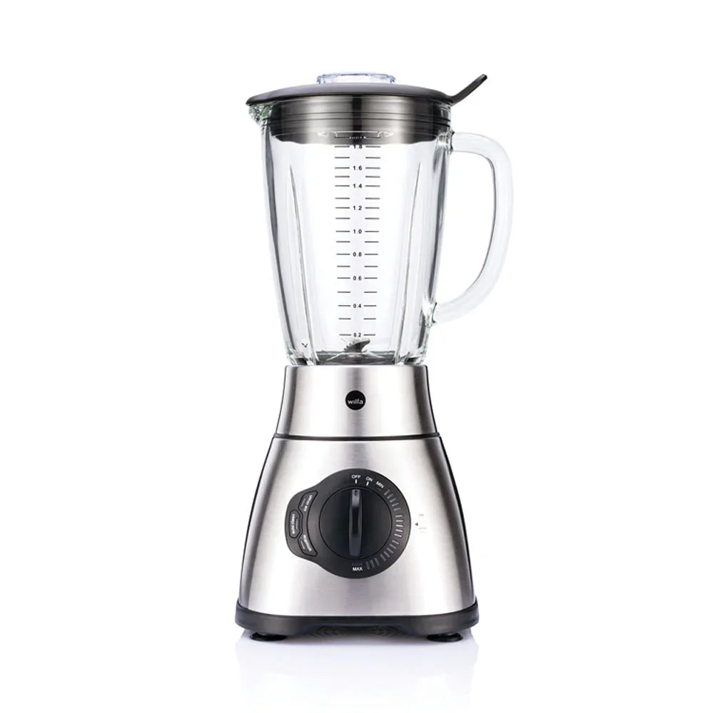 Wilfa Xplode Vital stand mixer with glass jug, measuring scale and stainless base