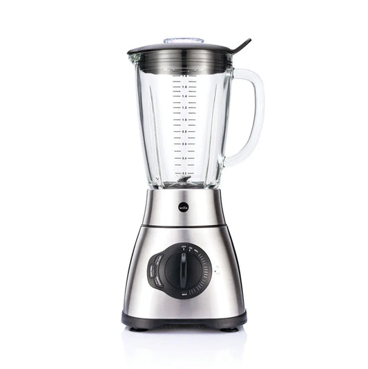 Wilfa Xplode Vital stand mixer with glass jug, measuring scale and stainless base
