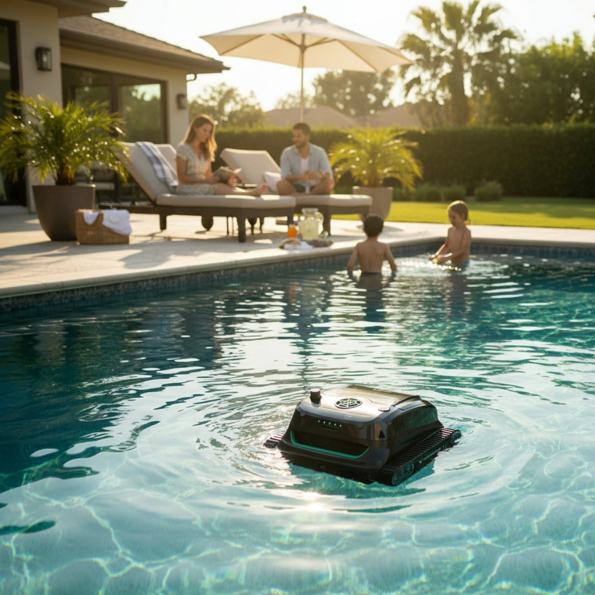 Poolroboter reinigt selbstständig das Wasser, während Familie entspannt am Poolrand sitzt und Kinder spielen