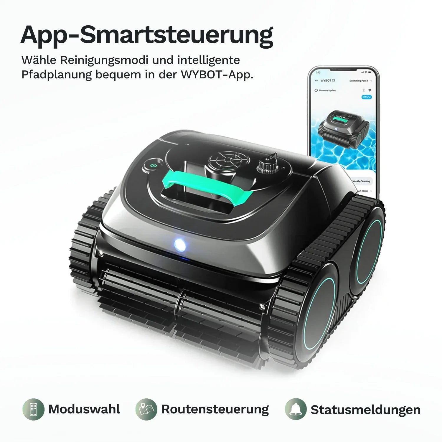 Akku-Poolroboter Wybot C1 mit App-Steuerung am Smartphone, anthrazit und türkis.