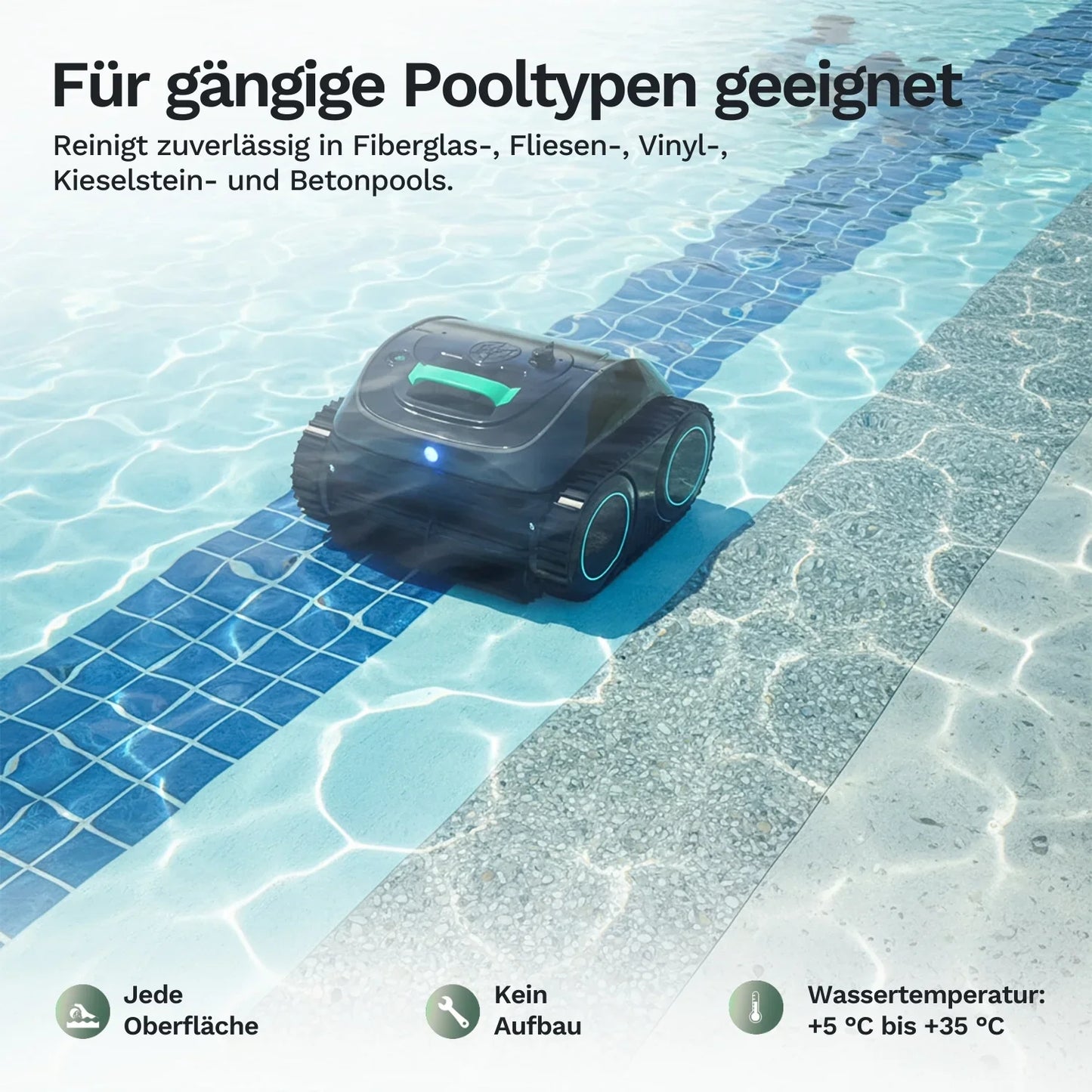 Akku-Poolroboter Wybot C1 fährt im Pool, anthrazit mit türkisfarbenen Antriebsrädern.