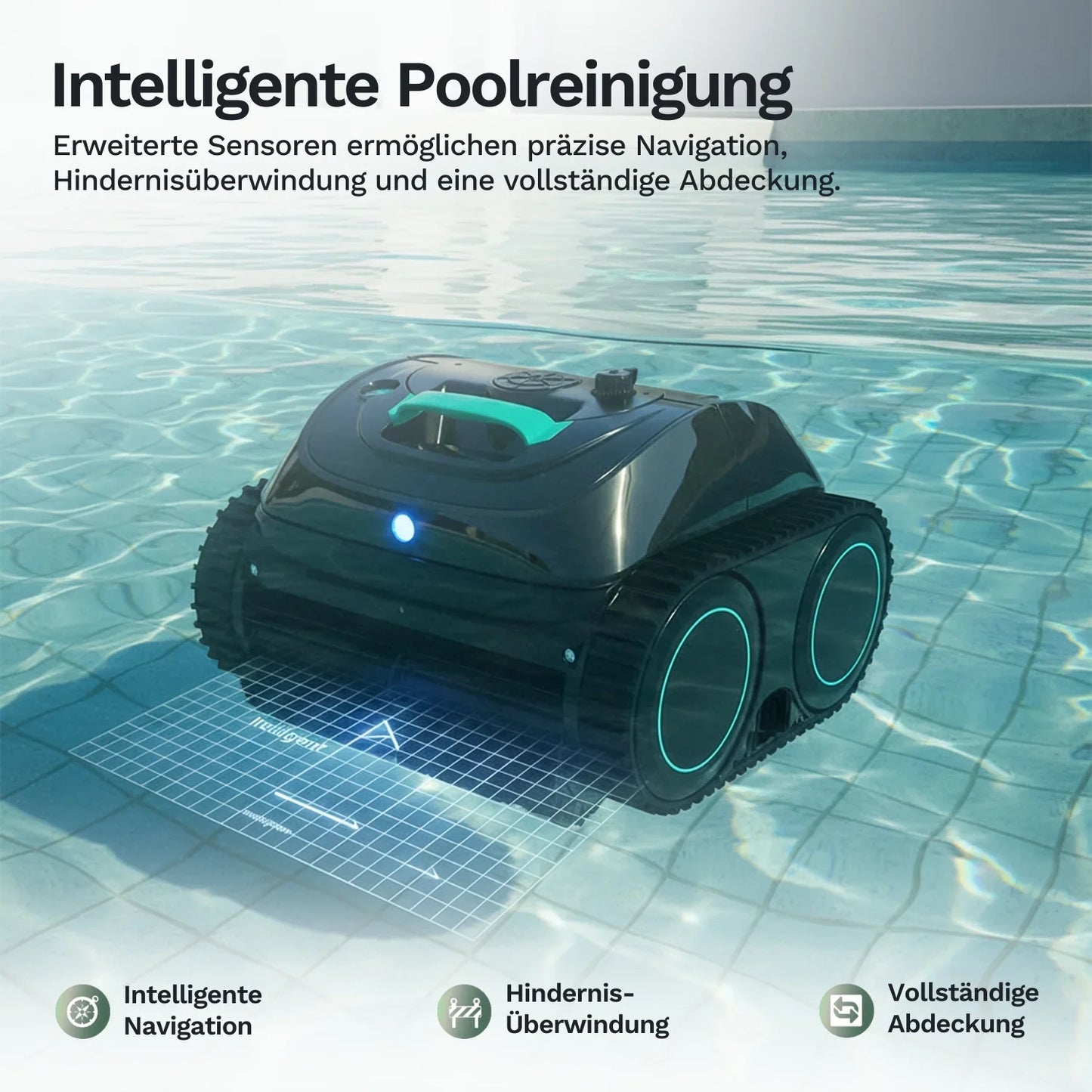 Akku-Poolroboter Wybot C1 mit türkisfarbenem Leuchteinsatz und Frontdüse auf Fliesen.