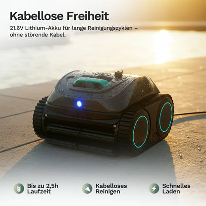 Akku-Poolroboter Wybot C1, anthrazit mit türkisfarbenen Rädern und blauem Statuslicht.
