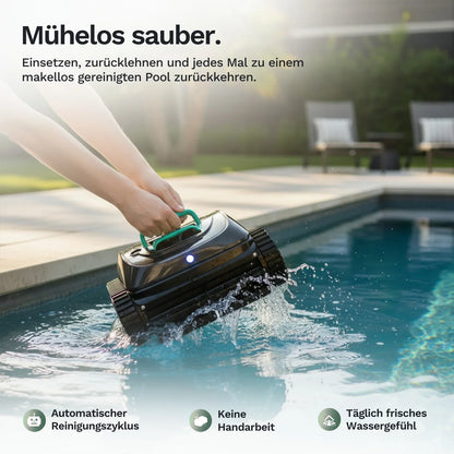 Akku-Poolroboter Wybot C1 wird am Rand eingesetzt, anthrazit mit grünem Frontgriff.