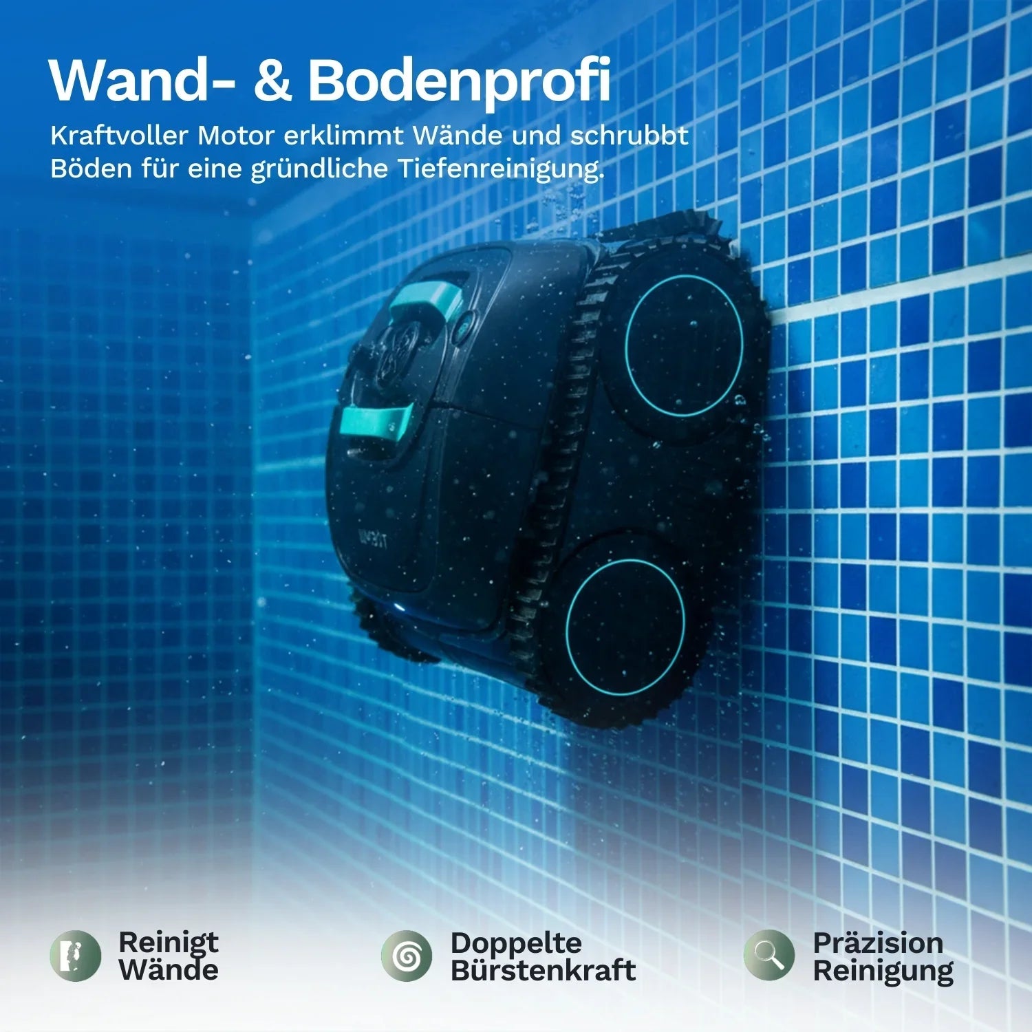 Akku-Poolroboter Wybot C1 an der Wand, anthrazit mit zwei türkisfarbenen Radseiten.