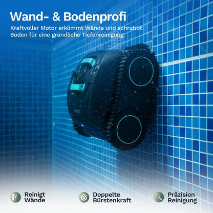 Akku-Poolroboter Wybot C1 an der Wand, anthrazit mit zwei türkisfarbenen Radseiten.